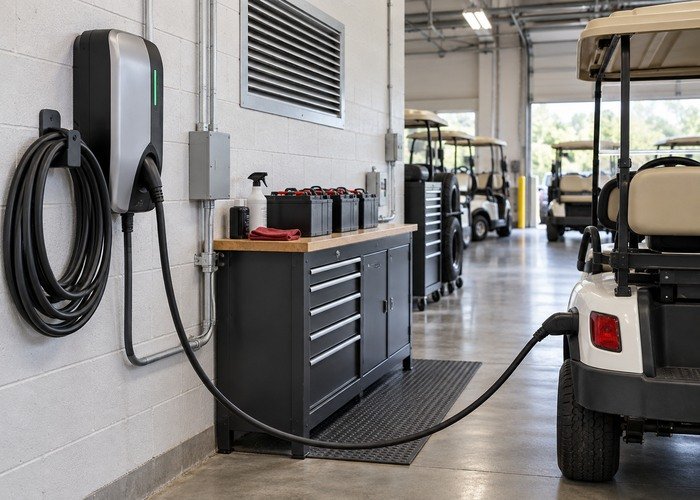 electric golf cart charging and battery care in a commercial operating context