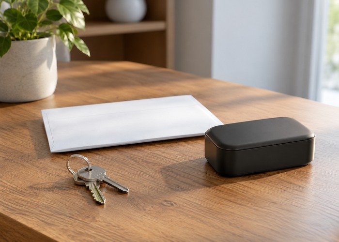 Vehicle keys, manual envelope and closed charger case on a desk