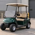 Generic electric golf cart parked outside a receiving bay
