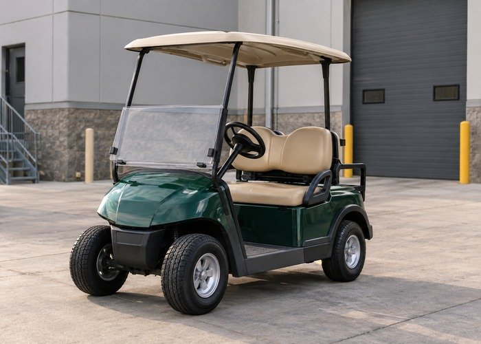 Generic electric golf cart parked outside a receiving bay