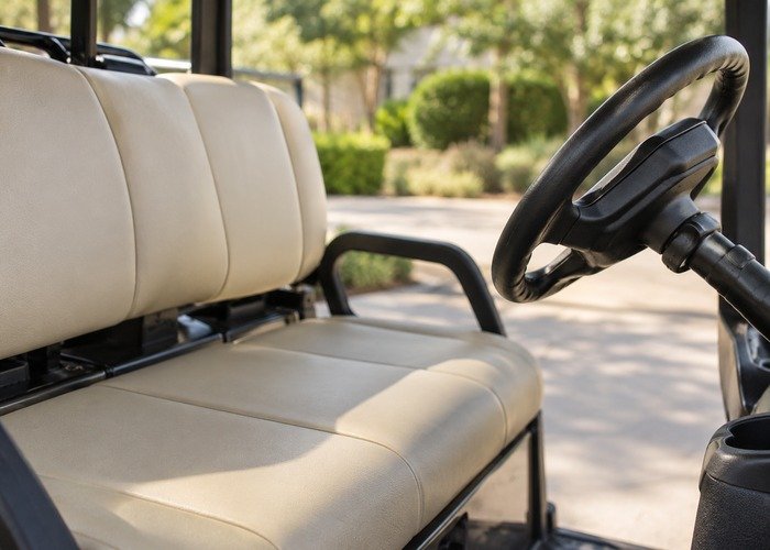 Steering wheel and beige seat inside a stationary generic electric cart