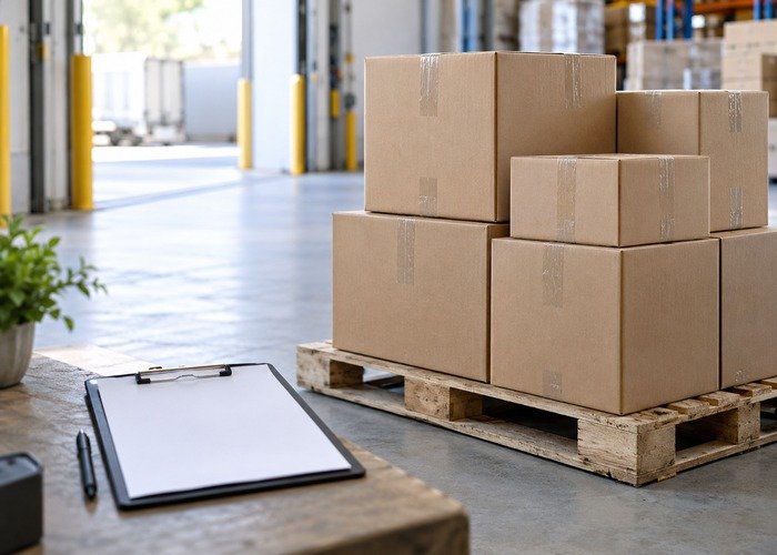 Packed cartons and clipboard in a delivery planning area