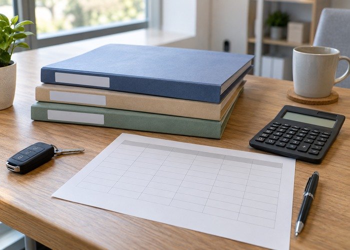 Folders and calculator arranged for a fleet quotation comparison