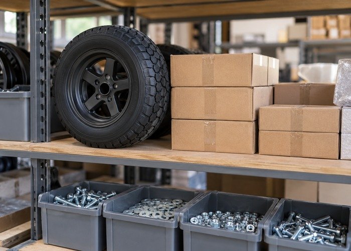Organized shelf with a golf cart wheel and separate spare-part cartons