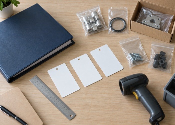 Parts identification workspace with scanner, ruler and closed manual