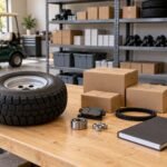 Golf cart tire and boxed spare parts on a storeroom workbench