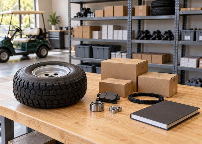 Golf cart tire and boxed spare parts on a storeroom workbench