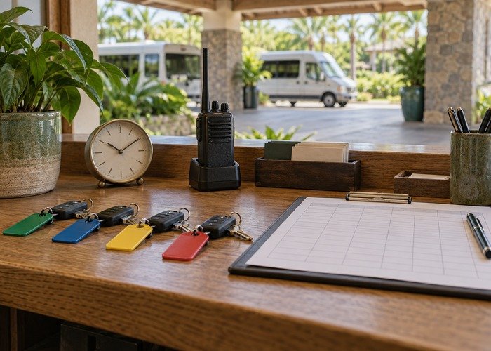 Key sets, radio and blank shift schedule at a dispatch counter