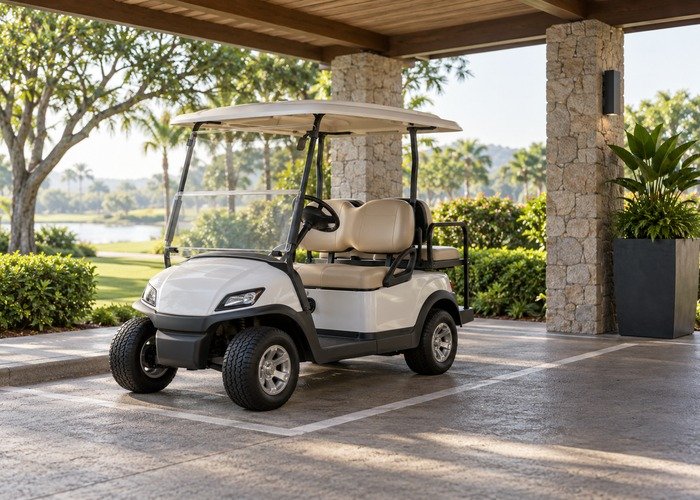 Generic electric golf cart parked in a covered reserve bay