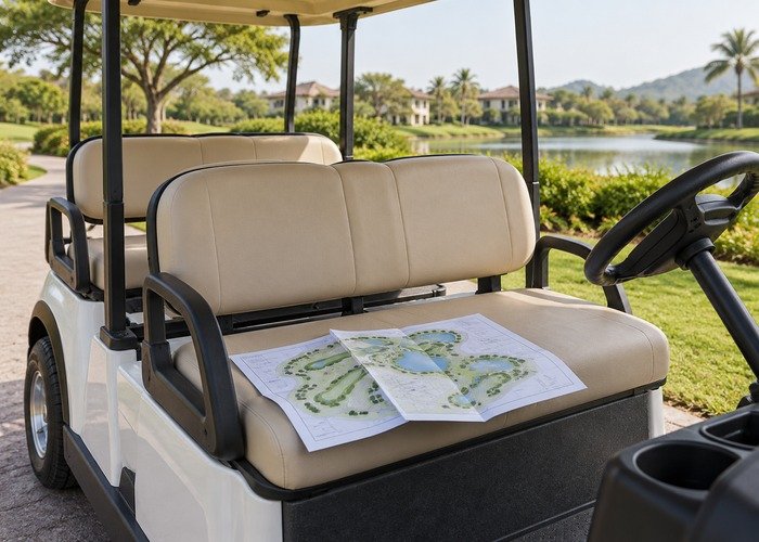 Generic parked golf cart seating area with folded route plan