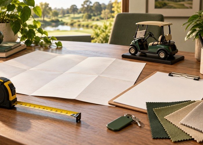 Fleet configuration planning desk with site map and upholstery samples