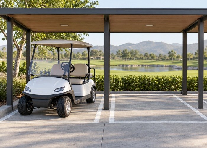 Generic stationary golf cart in a covered designated parking bay