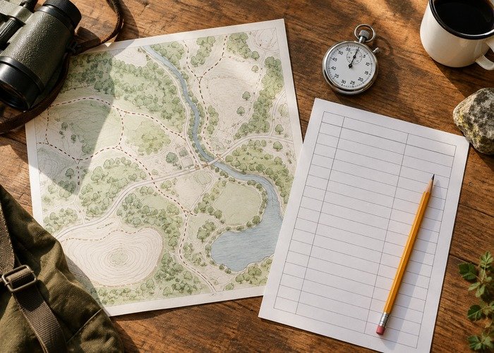 Route map, stopwatch and blank observation sheet on a desk
