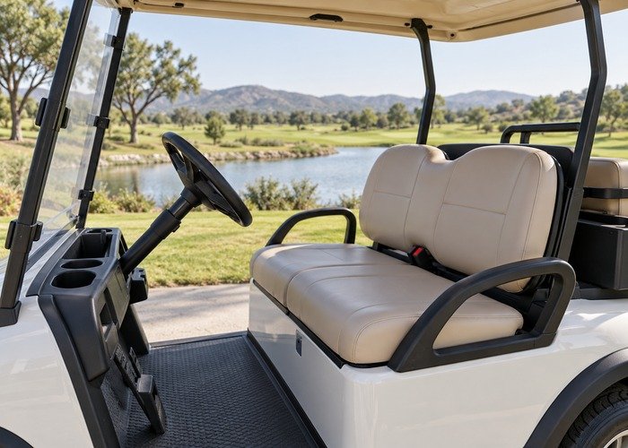 Generic golf cart passenger seating parked for presentation review
