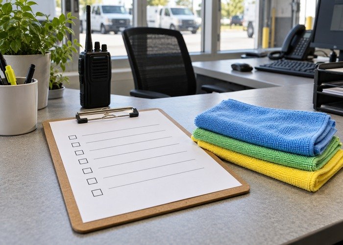 Cleaning duty clipboard and folded cloths at a dispatch desk