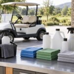 Folded cleaning cloths and closed plain bottles on a planning counter