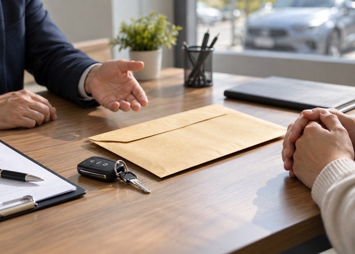 Collection handoff paperwork, sealed envelope and vehicle keys