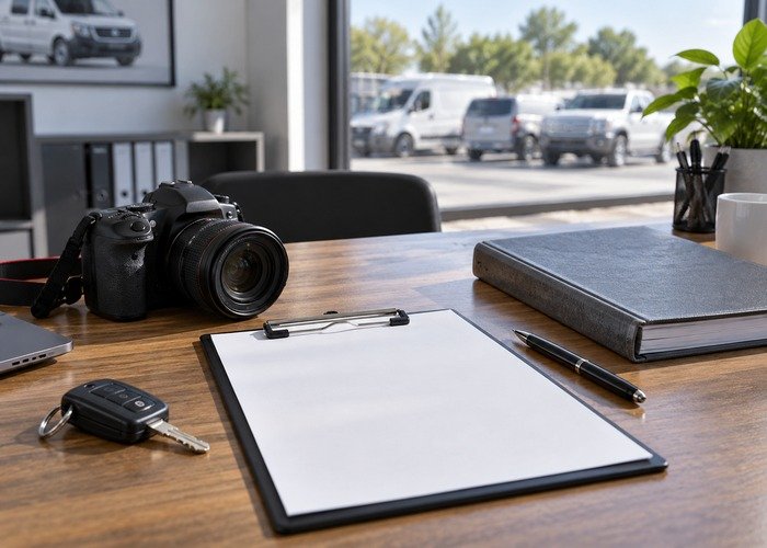 Asset register review clipboard, camera and closed vehicle manual