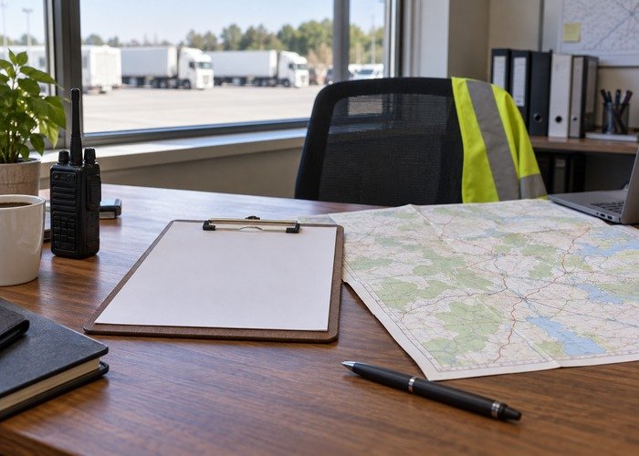 Temporary route briefing clipboard and map at a dispatch desk