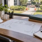 Temporary property route planning desk with map and document folder