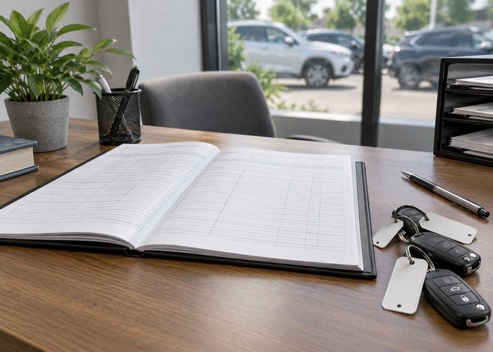 Blank vehicle checkout register and identification tags on a desk