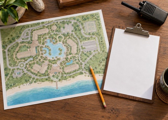 Blank shuttle stop map, clipboard and radio on a planning desk
