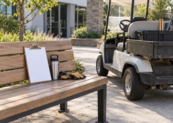 Blank pickup coordination clipboard on bench beside parked cart