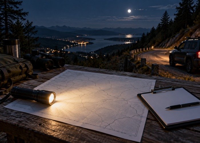 Blank night-route observation map, flashlight and clipboard