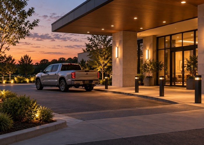 Quiet private pickup stop at dusk with clear walkway