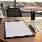 Near-miss review desk with blank report form, map and radio