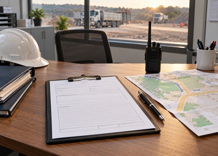 Near-miss review desk with blank report form, map and radio