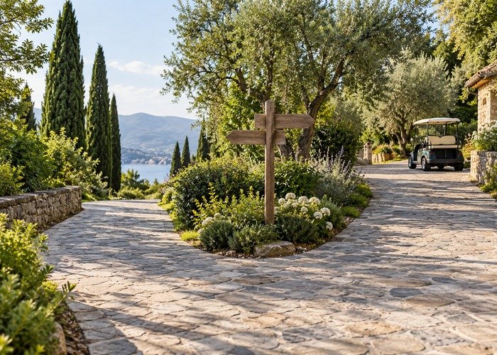 Private landscaped junction with a simple direction sign