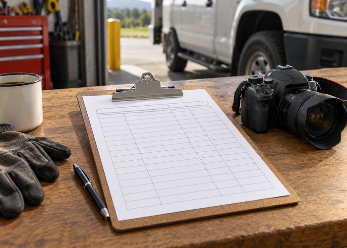 Blank sign maintenance register and camera on a desk
