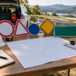 Route sign inventory desk with map and unlabelled sign samples
