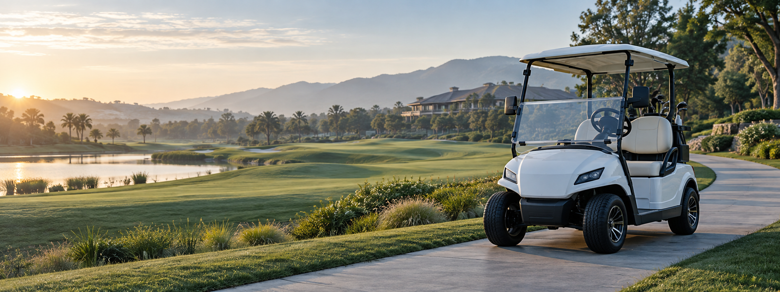 Electric golf cart on a landscaped golf course and resort route