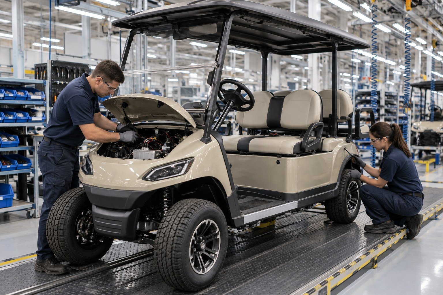 Technicians assembling an electric golf cart