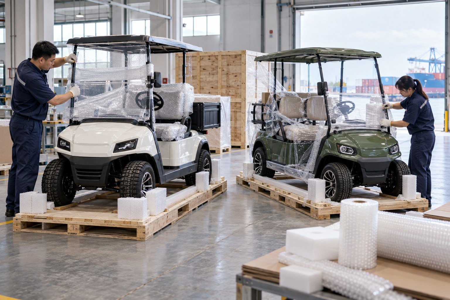 Electric golf carts prepared for export delivery