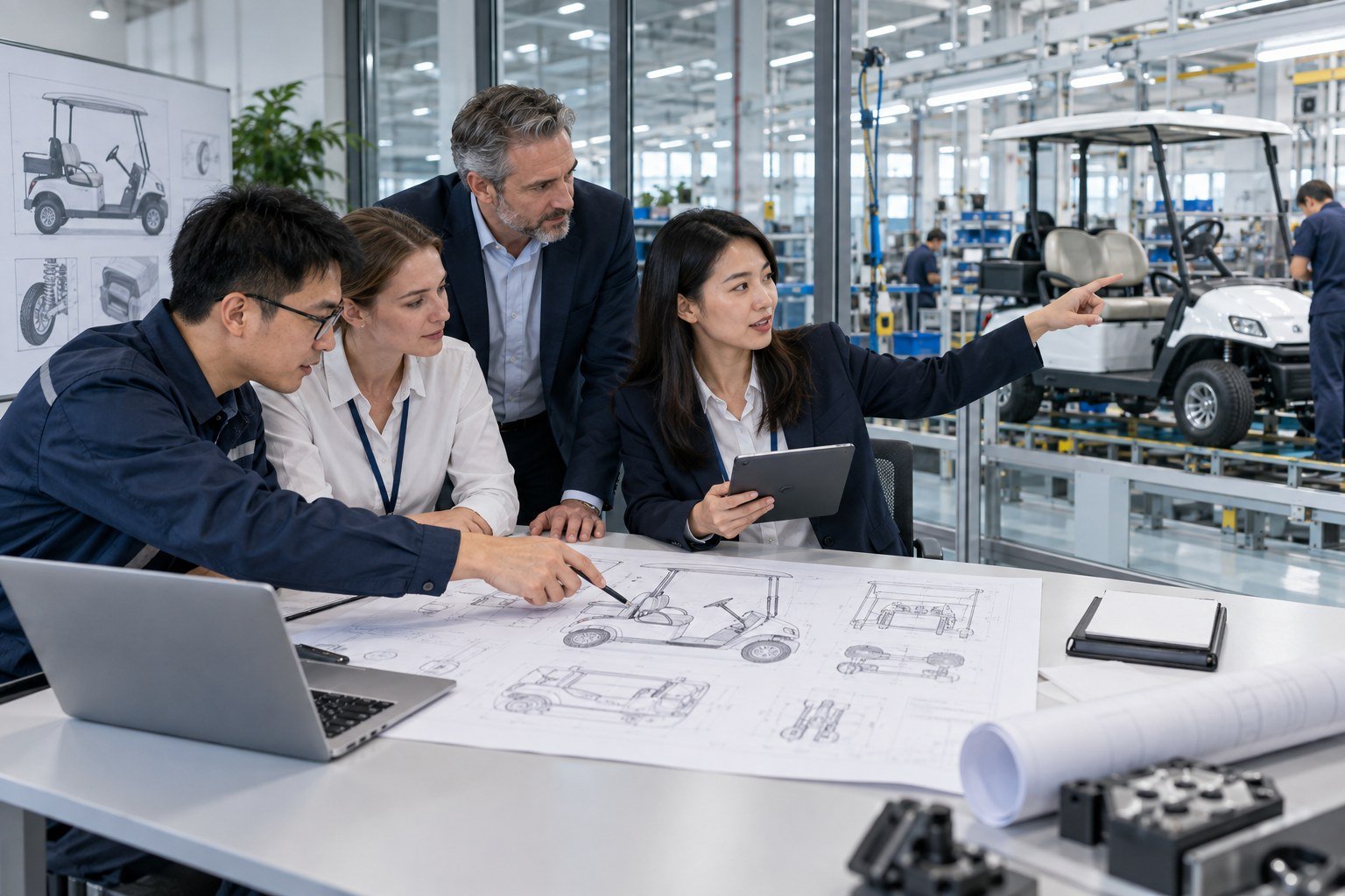 International sales and production teams coordinating a golf cart project
